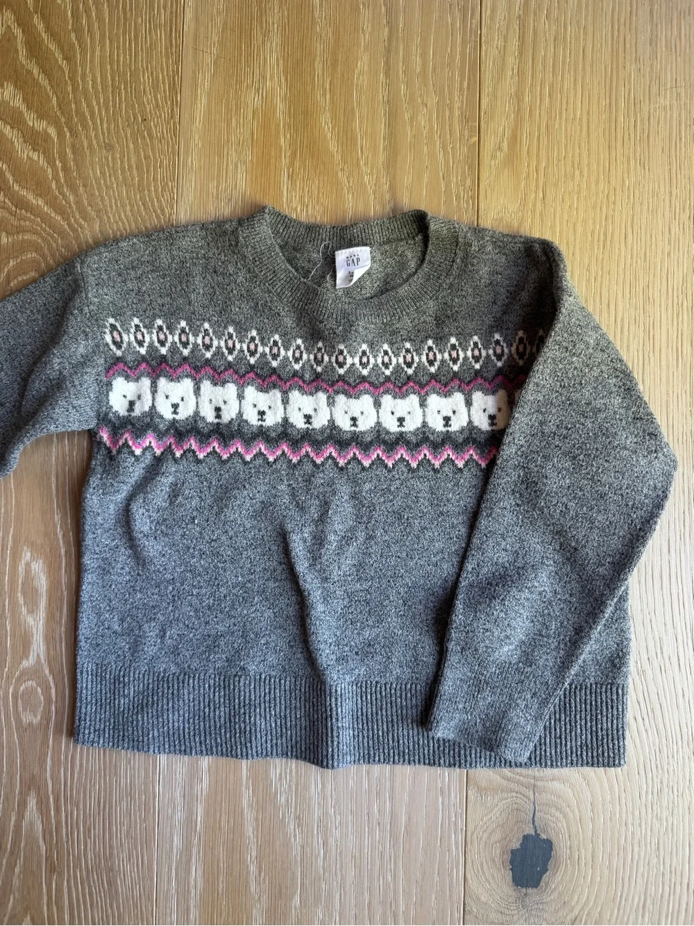 GAP Gray Crewneck Sweater with White Bear Fair Isle and Pink Accents